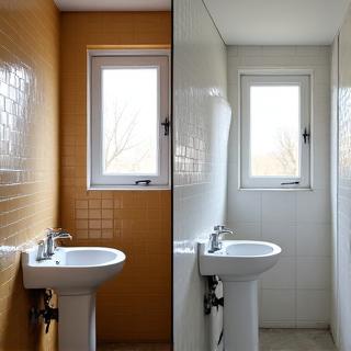 Before and after of a small apartment bathroom renovation: outdated to modern