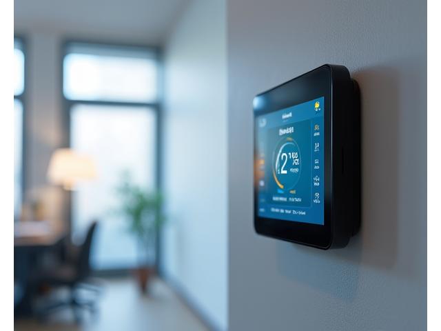 Smart thermostat displaying energy usage data in a modern apartment, symbolizing energy efficiency and control.