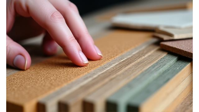 Close-up of a hand touching a sample of cork flooring, with blurred sustainable material samples like bamboo and reclaimed wood in the background.